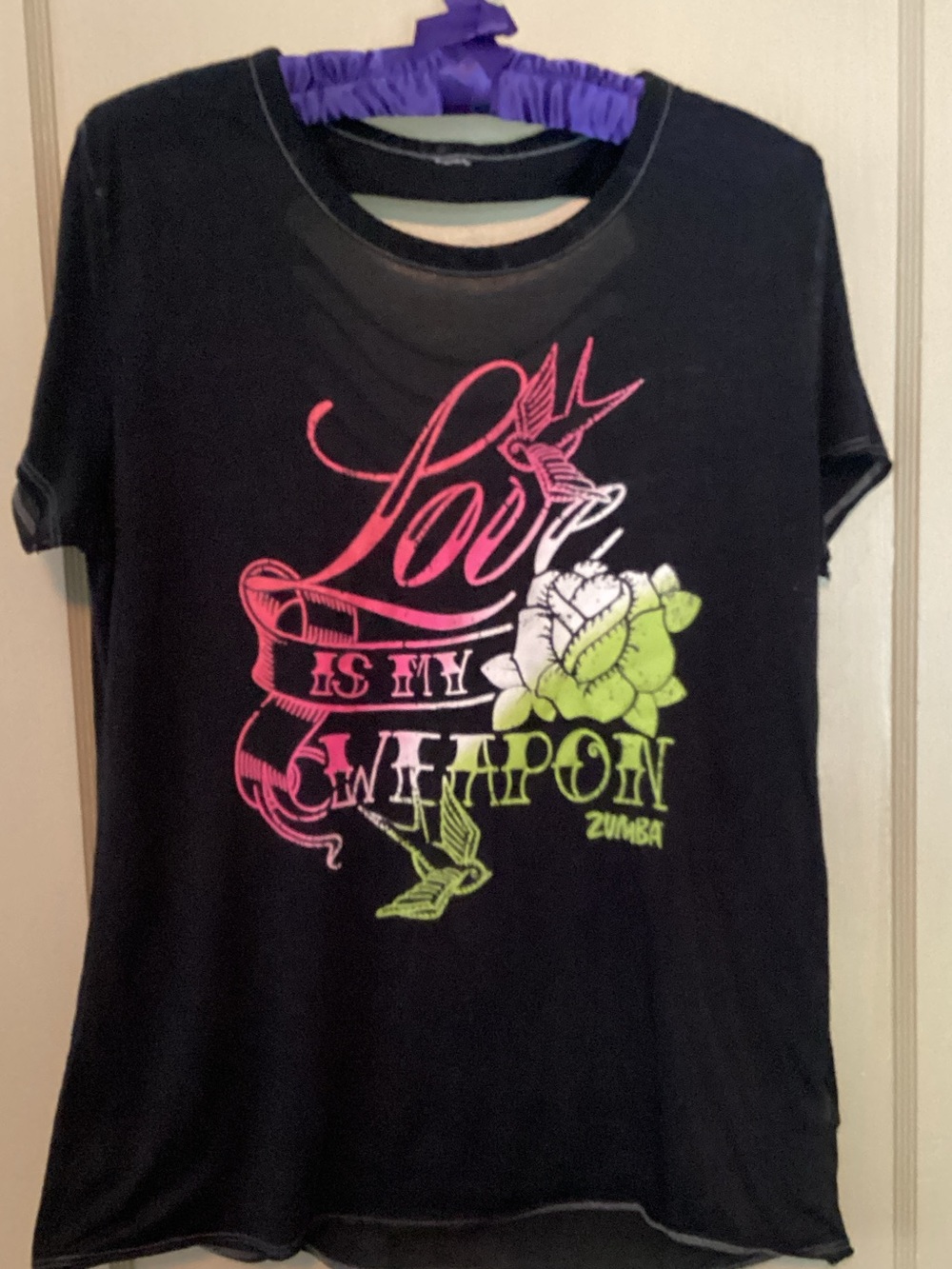 Zumba Fitness Black Short Sleeve Slashed Back Tee with Pink & Lime Graphic